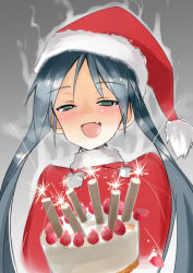 Rule 34 | 1girl, aqua eyes, aura, birthday, birthday cake, black hair, blush, cake, candle, christmas, commentary request, fang, fire, food, francesca lucchini, fruit, fur trim, hat, long hair, santa costume, santa hat, solo, strawberry, strike witches, twintails, very long hair, world witches series, yuzuyoukan
