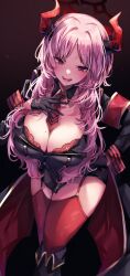 Rule 34 | 1girl, absurdres, black background, black gloves, blue archive, bra, breasts, cleavage, fangs, garter straps, gloves, gradient background, halo, hand on own hip, highres, horns, large breasts, long hair, long sleeves, mole, mole on breast, necktie, open mouth, pink eyes, red bra, red horns, red necktie, red thighhighs, satsuki (blue archive), smile, solo, sorashima (117), standing, teeth, thighhighs, twitter, underwear