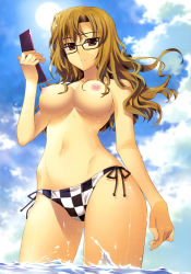 Rule 34 | 1girl, 5pb., bikini, bikini bottom only, blue sky, breasts, brown eyes, brown hair, cellphone, checkered bikini, checkered clothes, cleavage, cloud, collarbone, expressionless, female focus, fingernails, floating hair, fujima takuya, glasses, groin, highres, hip focus, holding, kiryuu moeka, long hair, long image, looking at viewer, navel, nipples, nitroplus, nude filter, ocean, outdoors, parted lips, phone, science adventure, shade, shiny skin, side-tie bikini bottom, sky, solo, steins;gate, sun, swimsuit, tall image, thigh gap, thighs, third-party edit, topfreedom, topless, wading, water, wavy hair, wet, wind