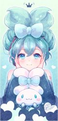 Rule 34 | 1girl, bare shoulders, black sleeves, blue bow, blue eyes, blue necktie, blush, bow, cinnamiku, cinnamoroll, closed mouth, collared shirt, commentary request, cosplay, crossover, detached sleeves, ear bow, green hair, grey shirt, hair bow, hands up, hatsune miku, hatsune miku (cosplay), highres, ittokyu, long sleeves, necktie, puffy long sleeves, puffy sleeves, sanrio, shirt, smile, upper body, vocaloid