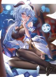 Rule 34 | ahoge, bad id, bad twitter id, bare shoulders, bell, black gloves, black pantyhose, blue hair, blush, breasts, covering own mouth, detached sleeves, feet, full moon, ganyu (genshin impact), genshin impact, gloves, gold trim, horns, long hair, looking at viewer, medium breasts, moon, neck bell, night, nose blush, orb, outdoors, panties, panties under pantyhose, pantyhose, paper, purple eyes, sitting, solo, tears, torn clothes, torn pantyhose, underwear, very long hair, white panties, white sleeves, yama yuu07
