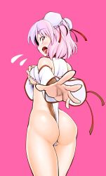 Rule 34 | 1girl, alternate costume, ass, ass focus, bare shoulders, blush, breasts, butt crack, commentary request, detached sleeves, double bun, eyelashes, flying sweatdrops, hair bun, highleg, highleg leotard, highres, ibaraki kasen, kagehito, large breasts, leotard, looking at viewer, open mouth, outstretched arm, pink eyes, pink hair, ribbon-trimmed sleeves, ribbon trim, short hair, solo, standing, surprised, thighs, tongue, touhou, underboob, white leotard, white sleeves