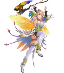 Rule 34 | 1girl, attack, axe, boots, breasts, butterfly wings, detached sleeves, dress, fairy, fairy wings, fire emblem, fire emblem heroes, flower, hair flower, hair ornament, highres, holding, holding axe, insect wings, knee up, medium breasts, nintendo, non-web source, official alternate costume, official art, peony (cherished dream) (fire emblem), peony (fire emblem), plant hair, sideboob, skindentation, solo, thigh boots, thighhighs, thighs, v-shaped eyebrows, white thighhighs, wings, yellow dress