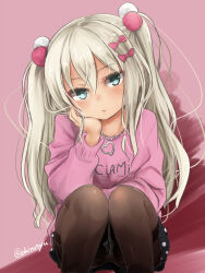 Rule 34 | 1girl, akino shuu, black skirt, blue eyes, blush, bow, brown pantyhose, commentary request, feet out of frame, grecale (kancolle), grey hair, hair between eyes, hair bow, head tilt, kantai collection, long hair, long sleeves, looking at viewer, panties, panties under pantyhose, pantyhose, pink background, pink bow, pink shirt, pleated skirt, polka dot, polka dot skirt, puffy long sleeves, puffy sleeves, shirt, skirt, solo, squatting, twitter username, two side up, underwear, very long hair, white panties
