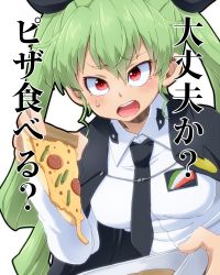 Rule 34 | 1girl, anchovy (girls und panzer), anzio school uniform, aono3, black cape, black necktie, black ribbon, cape, commentary, dress shirt, drill hair, emblem, food, girls und panzer, green hair, hair ribbon, highres, holding, holding food, long hair, long sleeves, necktie, open mouth, pizza, red eyes, religious offering, ribbon, school uniform, shirt, solo, sweatdrop, twin drills, twintails, white background, white shirt