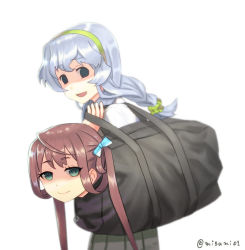 Rule 34 | 10s, 2girls, asagumo (kancolle), bag, braid, brown hair, commentary, empty eyes, green eyes, grey hair, hairband, holding, holding bag, in container, kantai collection, looking at another, misumi (niku-kyu), multiple girls, open mouth, school uniform, twintails, what, yamagumo (kancolle)