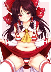 Rule 34 | 1girl, ascot, bikini, bikini under clothes, blush, bow, breasts, brown hair, clothes lift, detached sleeves, ebi 193, hair bow, hair tubes, hakurei reimu, large breasts, long hair, looking at viewer, navel, red eyes, ribbon-trimmed sleeves, ribbon trim, simple background, skirt, skirt lift, smile, solo, striped bikini, striped clothes, swimsuit, swimsuit under clothes, thighhighs, touhou, white thighhighs