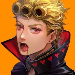 Rule 34 | 1boy, blonde hair, blood, blood from mouth, earrings, fangs, giorno giovanna, higurehiiro, jewelry, jojo no kimyou na bouken, male focus, open mouth, pointy ears, red eyes, solo, tongue, tongue out, vampire, vento aureo