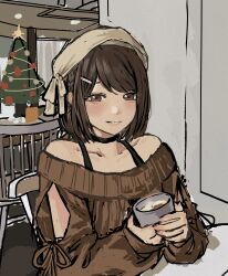 1girl absurdres black_choker bra_strap braid brown_eyes brown_hair brown_sweater chair choker christmas_tree closed_mouth collarbone commentary cup hair_ornament hairclip highres holding holding_cup indoors korean_commentary long_sleeves off-shoulder_sweater off_shoulder project_sekai shinonome_ena short_hair side_braid sitting solo sweater zeoksang