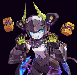Rule 34 | 1girl, black background, chain, claw pose, dia (world flipper), fang, horns, humanoid robot, leaning forward, mechanical horns, metal skin, navel, no humans, open mouth, robot, science fiction, skin fang, smile, solo, speaker, taedu, world flipper