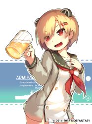 Rule 34 | 1girl, alcohol, animal ears, beer, beer mug, blonde hair, blush, buttons, character name, character profile, cup, drinking glass, english text, fake animal ears, graf spee (warship girls r), hair ornament, hairclip, heart, heart-shaped pupils, highres, holding, holding cup, lino-lin, long sleeves, mug, neckerchief, open mouth, red eyes, red neckerchief, sailor collar, short hair, simple background, smile, solo, stats, symbol-shaped pupils, upper body, warship girls r