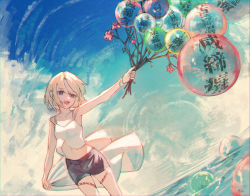 Rule 34 | 1girl, afloat, arm up, bad id, bad pixiv id, balloon, bare shoulders, blue sky, branch, cloud, cloudy sky, collarbone, flower, hair between eyes, highres, holding, holding flower, navel, open mouth, original, pink flower, short hair, signature, sky, solo, teeth, thigh strap, tongue, upper teeth only, watori re