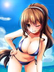 Rule 34 | 10s, 1girl, alternate costume, alternate hairstyle, arm at side, ashigara (kancolle), bikini, blue bikini, blush, breasts, brown eyes, brown hair, cleavage, collarbone, day, female focus, gradient background, grin, hair between eyes, hairband, hand on own hip, highres, kantai collection, large breasts, leaning forward, long hair, looking at viewer, loussier666, navel, one eye closed, outdoors, parted lips, ponytail, side-tie bikini bottom, smile, solo, swimsuit, wet