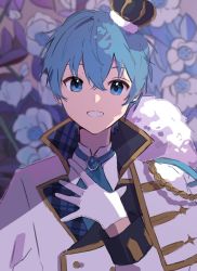 Rule 34 | 1boy, blue eyes, blue hair, colon (stpri), crown, facing viewer, floral background, formal, gloves, hand on own chest, idol, ikalonn, looking at viewer, male focus, mini crown, short hair, smile, solo, strawberry prince