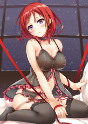 Rule 34 | 10s, 1girl, babydoll, bad id, bad pixiv id, bare arms, bare shoulders, black babydoll, black panties, black thighhighs, blush, breasts, choker, cleavage, collarbone, covered erect nipples, garter belt, garter straps, head tilt, indoors, large breasts, lingerie, looking at viewer, love live!, love live! school idol project, nipples, nishikino maki, no bra, panties, purple eyes, red hair, red ribbon, ribbon, see-through, short hair, sitting, solo, sousouman, thighhighs, underwear, wariza