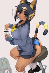 Rule 34 | 1girl, :o, absurdres, animal crossing, animal ears, ankha (animal crossing), ass, black eyes, black hair, black skirt, blue cardigan, blue panties, bob cut, bow, bowtie, brewster (animal crossing), cardigan, cat girl, chair, coffee, coffee cup, commentary request, cup, dark-skinned female, dark skin, disposable cup, hair ornament, highres, holding, holding cup, holding spoon, humanization, jovejun, long sleeves, looking at viewer, nintendo, panties, personification, pink background, plaid neckwear, school uniform, short hair, simple background, sitting, skirt, snake hair ornament, spoon, steam, striped tail, tail, thighs, underwear, yellow neckwear