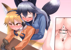 Rule 34 | 1futa, 1girl, animal ears, bar censor, black gloves, blonde hair, blue hair, breast press, breasts, brown eyes, censored, closed eyes, clothes, controller, doggystyle, ezo red fox (kemono friends), futa with female, futanari, game controller, gloves, gradient hair, highres, kemono friends, looking at viewer, medium breasts, multicolored hair, open clothes, open mouth, penis, pussy, ras (ras33635191), sex, sex from behind, silver fox (kemono friends), table, tail, vaginal
