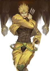 Rule 34 | 1boy, between fingers, blonde hair, blood, blood on face, clenched hands, covered navel, dio brando, evil smile, hand on own hip, headband, holding, holding knife, jacket, jojo no kimyou na bouken, knife, licking lips, looking away, male focus, manly, muscular, narrow waist, red eyes, shirt, simple background, smile, solo, stand (jojo), taut clothes, taut shirt, the world, tongue, tongue out, weapon, white-corner, yellow jacket