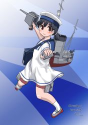 Rule 34 | 1girl, black hair, blue background, blue sailor collar, brown eyes, commentary request, depth charge, dress, full body, hat, hiburi (kancolle), highres, kantai collection, looking at viewer, low ponytail, sailor collar, sailor dress, sailor hat, senon, shoes, short hair, short sleeves, smokestack, socks, solo, uwabaki, white dress, white hat, white socks