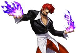 Rule 34 | 1boy, alternate costume, choker, fire, hair over one eye, highres, jacket, king of fighters xiii, male focus, official art, ogura eisuke, pants, pectoral cleavage, pectorals, purple fire, pyrokinesis, red eyes, red hair, red pants, short hair, snk, solo, the king of fighters, the king of fighters xiii, transparent background, yagami iori