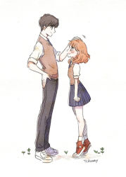 Rule 34 | 1boy, 1girl, artist name, blue skirt, blush, brown eyes, brown hair, comic, flat chest, from side, headpat, height conscious, height difference, highres, medium hair, necktie, original, pleated skirt, pout, role reversal, school uniform, shirt, shoes, short sleeves, silent comic, simple background, skirt, sleeves pushed up, sneakers, sweater vest, tcbunny, tiptoes, white background, white shirt