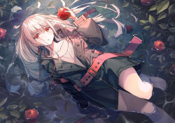 Rule 34 | 1girl, apple, arm belt, belt, belt buckle, black nails, blush, buckle, buttons, chain earrings, collarbone, earrings, feet out of frame, floating, floating hair, floating object, food, fruit, greatcoat, hand up, highres, holding, holding food, holding fruit, in water, jewelry, koh rd, leaf, light blush, long hair, looking at viewer, lying, nail polish, on back, open mouth, original, partially submerged, pink hair, red eyes, solo, very long hair, water