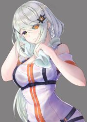 Rule 34 | 1girl, bare shoulders, black sclera, breasts, chest harness, cleavage, colored sclera, eyes visible through hair, girls&#039; frontline, green eyes, green hair, hair ornament, hair over one eye, harness, heterochromia, holding, holding towel, long hair, medium breasts, mismatched sclera, off-shoulder shirt, off shoulder, orange eyes, shirt, solo, tac-50 (girls&#039; frontline), tako pipe, towel, towel around neck, white shirt