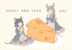 Rule 34 | 2020, 2girls, :q, absurdres, animal ears, blue eyes, braid, cheese, chinese zodiac, commentary request, dress, food, frilled dress, frills, full body, grey hair, hair ribbon, happy new year, highres, kanikamaseiun, licking lips, long hair, mini person, minigirl, mouse ears, mouse girl, mouse tail, multiple girls, new year, original, ribbon, short hair, sitting, standing, tail, tongue, tongue out, twin braids, year of the rat