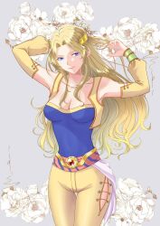Rule 34 | 1girl, arms up, bagel dffoo, blonde hair, blue eyes, blue shirt, breasts, celes chere, cleavage, final fantasy, final fantasy vi, flower, gold trim, grey background, hair ornament, highres, long hair, medium breasts, pants, shirt, smile, solo, vest, yellow pants, yellow vest