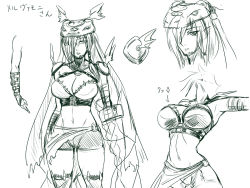 Rule 34 | 1girl, animal hat, armor, black beat, braid, breasts, buckle, character sheet, cleavage, digimon, digimon (creature), digimon xros wars, female focus, green theme, hair over one eye, hat, large breasts, long hair, mervamon, monochrome, navel, pauldrons, shorts, shoulder armor, solo, text focus, thighhighs, translation request