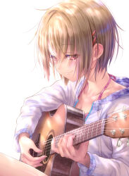 Rule 34 | 1girl, bikini, bikini under clothes, blonde hair, breasts, cleavage, collarbone, goto p, guitar, hair ornament, heaven burns red, instrument, jacket, kayamori ruka, music, playing instrument, red eyes, short hair, small breasts, smile, solo, swimsuit, swimsuit under clothes, white jacket