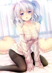 Rule 34 | 10s, 1girl, :o, alternate costume, arm support, blue eyes, blush, breasts, cleavage, collarbone, female focus, heart, heart-shaped pillow, izumi akane, kantai collection, kashima (kancolle), large breasts, long hair, long sleeves, looking at viewer, no headwear, no headwear, off-shoulder, off-shoulder sweater, open mouth, pillow, ribbed sweater, silver hair, sitting, solo, sweater, thighhighs, two side up, yokozuwari