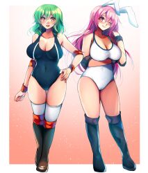 Rule 34 | 1girl, animal ears, blue leotard, blush, breasts, cameltoe, cleavage, commission, covered navel, elbow pads, full body, green hair, highres, kazami yuuka, knee pads, large breasts, leotard, long hair, looking at viewer, niwatori (eck16614), one eye closed, open mouth, purple hair, rabbit ears, red eyes, reisen udongein inaba, short hair, skeb commission, smile, touhou, white leotard, wrestling boots, wrestling outfit