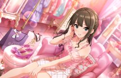 Rule 34 | 1girl, bag, brown hair, chair, earrings, game cg, green eyes, hair ornament, idolmaster, idolmaster cinderella girls, idolmaster cinderella girls starlight stage, jewelry, necklace, official art, shibuya rin, shoes, skirt, solo, sparkle