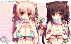 Rule 34 | 2girls, animal ears, bell, black hair, blush, bow, breasts, cat ears, cat tail, heart, heart hands, highres, jingle bell, large breasts, long hair, mia flatpaddy, multicolored clothes, multicolored scarf, multicolored stripes, multiple girls, open mouth, original, pink hair, pom pom (clothes), scarf, shared clothes, shared scarf, shia flatpaddy, striped clothes, striped scarf, syroh, tail, tail bell, tail bow, tail ornament, thighhighs, yellow eyes