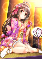 Rule 34 | 1girl, ahoge, ball, black hair, blush, brown eyes, closed mouth, commentary request, floral print, frills, hair between eyes, hands up, highres, holding, holding ball, idolmaster, idolmaster cinderella girls, idolmaster cinderella girls starlight stage, japanese clothes, kimono, kohinata miho, long hair, long sleeves, no shoes, obi, open clothes, regular mow, sash, smile, socks, solo, very long hair, white socks, wide sleeves, yellow kimono