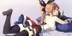 Rule 34 | 10s, 1girl, ;d, aqua eyes, artist name, ass, backless outfit, bare back, bare shoulders, black bow, black gloves, black thighhighs, blue background, blush, bow, breasts, brown hair, clarisse (granblue fantasy), dated, gloves, gradient background, granblue fantasy, green eyes, hair bow, hair ribbon, highres, long hair, looking at viewer, looking back, lying, medium breasts, on back, on stomach, one eye closed, open mouth, ponytail, red skirt, ribbon, sideboob, sidelocks, signature, skirt, smile, soles, solo, swept bangs, teeth, test tube, thighhighs, thighs, turtleneck, v, yoshino ryou