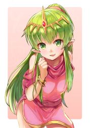 Rule 34 | 1girl, bare shoulders, bracelet, dress, fire emblem, fire emblem: mystery of the emblem, green eyes, green hair, hair ornament, highres, hirotaka (hrtk990203), jewelry, long hair, looking at viewer, nintendo, open mouth, pink dress, pointy ears, ponytail, scarf, sleeveless, sleeveless dress, smile, solo, tiki (fire emblem), tiki (young) (fire emblem), very long hair