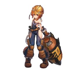 Rule 34 | 1girl, bags under eyes, belt, boots, braid, breasts, construction worker, drill, dutch girl (last origin), full body, game cg, hard hat, helmet, highres, hip vent, last origin, looking at viewer, official art, orange eyes, orange hair, overalls, paintale, sideless outfit, small breasts, solo, tachi-e, tool belt, tools, transparent background, twin braids