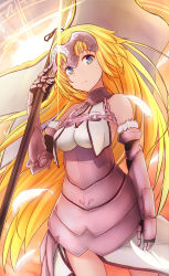 Rule 34 | 1girl, absurdres, arm up, armor, armored dress, banner, bare shoulders, blonde hair, breasts, chain, closed mouth, fate/apocrypha, fate/grand order, fate (series), flag, gauntlets, gloves, headpiece, highres, holding, jeanne d&#039;arc (fate), jeanne d&#039;arc (ruler) (fate), jeanne d&#039;arc (third ascension) (fate), long hair, looking at viewer, orihiro0614, sleeveless, very long hair