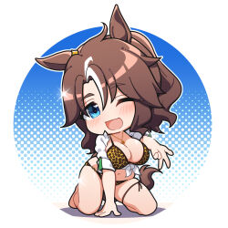 Rule 34 | 1girl, animal ears, arm support, barefoot, bikini, black bikini, blue background, blue eyes, blush, breasts, brown hair, chibi, commentary, ear ornament, foreshortening, gyaru w, highres, horse ears, horse girl, horse tail, jewelry, kneeling, large breasts, long hair, looking at viewer, mejiro palmer (umamusume), multicolored hair, navel, no nose, open mouth, parted bangs, print bikini, shirt, smile, solo, sparkle, streaked hair, swimsuit, tail, thighs, tied shirt, umamusume, warashi, white background, white shirt, yellow bikini