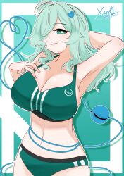 Rule 34 | 1girl, 2024, absurdres, ahoge, alternate breast size, alternate costume, arm behind head, armpits, border, breasts, buruma, cleavage, commentary, dated, drop shadow, english commentary, green background, green border, green buruma, green eyes, green hair, green sports bra, green tank top, hair ornament, hair over one eye, heart, heart hair ornament, heart of string, highres, komeiji koishi, large breasts, medium hair, navel, one eye covered, parted lips, signature, simple background, smile, solo, sports bra, sweat, tank top, third eye, touhou, upper body, white border, xen0moonz