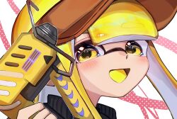 Rule 34 | 1girl, :d, blonde hair, close-up, glooga dualies (splatoon), glue gun, gun, highres, holding, holding gun, holding weapon, inkling, inkling girl, inkling player character, knr 2, long hair, looking at viewer, nintendo, open mouth, red background, smile, solo, splatoon (series), splatoon 3, tentacle hair, two-tone background, weapon, white background, yellow eyes