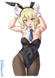 Rule 34 | 1girl, animal ears, armpits, arms up, black leotard, blonde hair, blue eyes, blue necktie, blush, braid, breasts, colorado (kancolle), covered navel, cowboy shot, detached collar, ebifurya, fake animal ears, highres, kantai collection, large breasts, leotard, necktie, pantyhose, playboy bunny, rabbit ears, rabbit pose, short hair, side braids, simple background, solo, strapless, strapless leotard, twitter username, white background