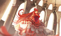 Rule 34 | 1girl, arch, blurry, breasts, cleavage, column, depth of field, dress, dutch angle, flower, frilled dress, frills, from below, gathers, gown, hair flower, hair ornament, hairband, highres, lace, large breasts, long hair, original, petals, pillar, red dress, red eyes, red hair, red rose, ribbon, rose, rose petals, smile, solo, very long hair, vol.7