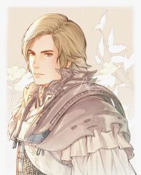 Rule 34 | 1boy, absurdres, armor, artist name, blonde hair, brown eyes, chainmail, closed mouth, dion lesage, final fantasy, final fantasy xvi, floral background, frilled sleeves, frills, highres, jeangreycg, looking at viewer, male focus, medium hair, portrait, shirt, shoulder armor, solo, swept bangs, twitter username, white shirt