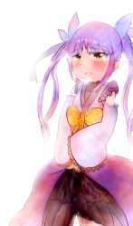 Rule 34 | 1girl, :t, absurdres, bare shoulders, black skirt, blue ribbon, blush, bow, breath, closed mouth, crying, detached sleeves, ear blush, embarrassed, female focus, flat chest, half-closed eyes, have to pee, highres, japanese clothes, kimono, kyoka (princess connect!), long hair, looking at viewer, nari (pixiv 372331), own hands together, peeing, peeing self, pointy ears, princess connect!, purple hair, purple kimono, ribbon, sash, shiny skin, simple background, skirt, sleeveless, sleeveless kimono, solo, standing, sweat, tears, wet, wet clothes, white background, yellow bow, yellow eyes