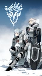 Rule 34 | 2girls, backpack, bag, belt, blonde hair, blue eyes, blue hair, boots, breath, character request, closed mouth, coat, copyright request, footprints, from side, fur trim, gloves, gogalking, green eyes, grey coat, grey gloves, highres, huge weapon, logo, long sleeves, looking at viewer, monster hunter (series), multiple girls, outdoors, planted sword, planted, ponytail, sitting, snow, sword, weapon, winter clothes