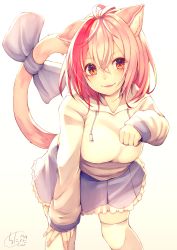 Rule 34 | 1girl, animal ear fluff, animal ears, blush, bow, cat ears, cat girl, cat tail, chita (ketchup), commentary request, drawstring, hair between eyes, hand up, head tilt, highres, hood, hood down, hoodie, long hair, long sleeves, looking at viewer, original, parted lips, pleated skirt, puffy long sleeves, puffy sleeves, purple bow, purple skirt, red eyes, red hair, signature, skirt, sleeves past wrists, smile, solo, tail, tail bow, tail ornament, tail raised, thighhighs, white hoodie, white thighhighs