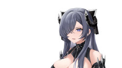 Rule 34 | 1girl, absurdres, august von parseval (azur lane), azur lane, between breasts, black dress, blue eyes, breasts, chinese commentary, cleavage, collar, detached sleeves, dress, frilled collar, frills, grey hair, hair over one eye, highres, horns, large breasts, long hair, parted lips, portrait, sidelocks, simple background, solo, vikki, white background